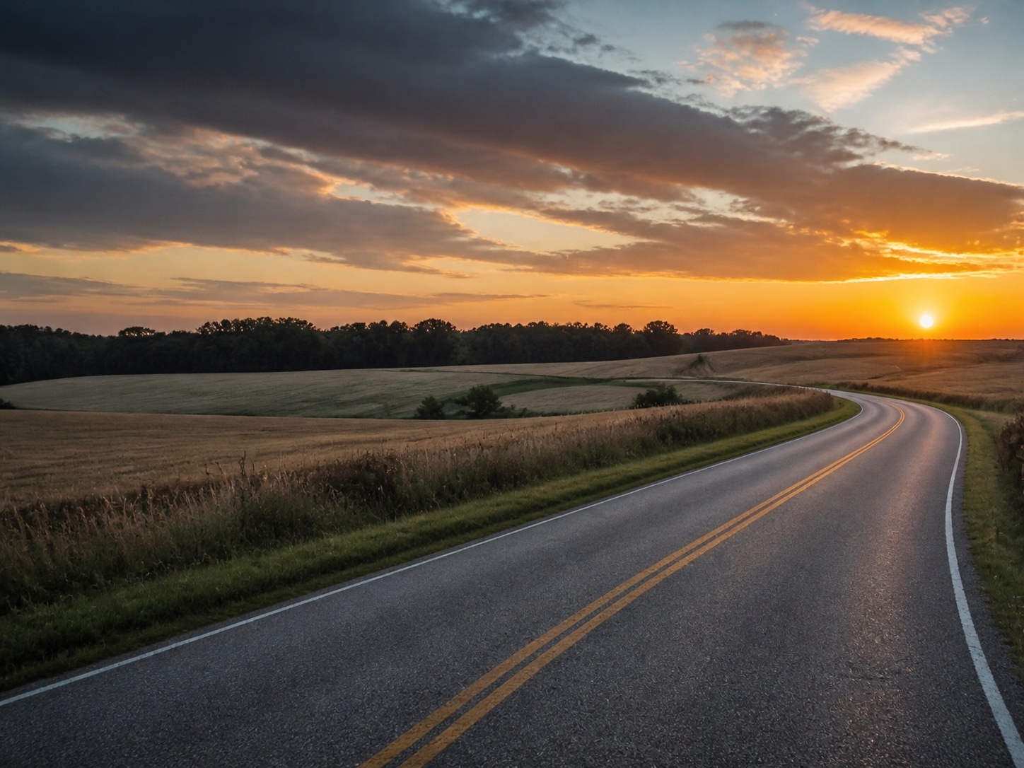 A country road winding through Midwest farmland at sunset